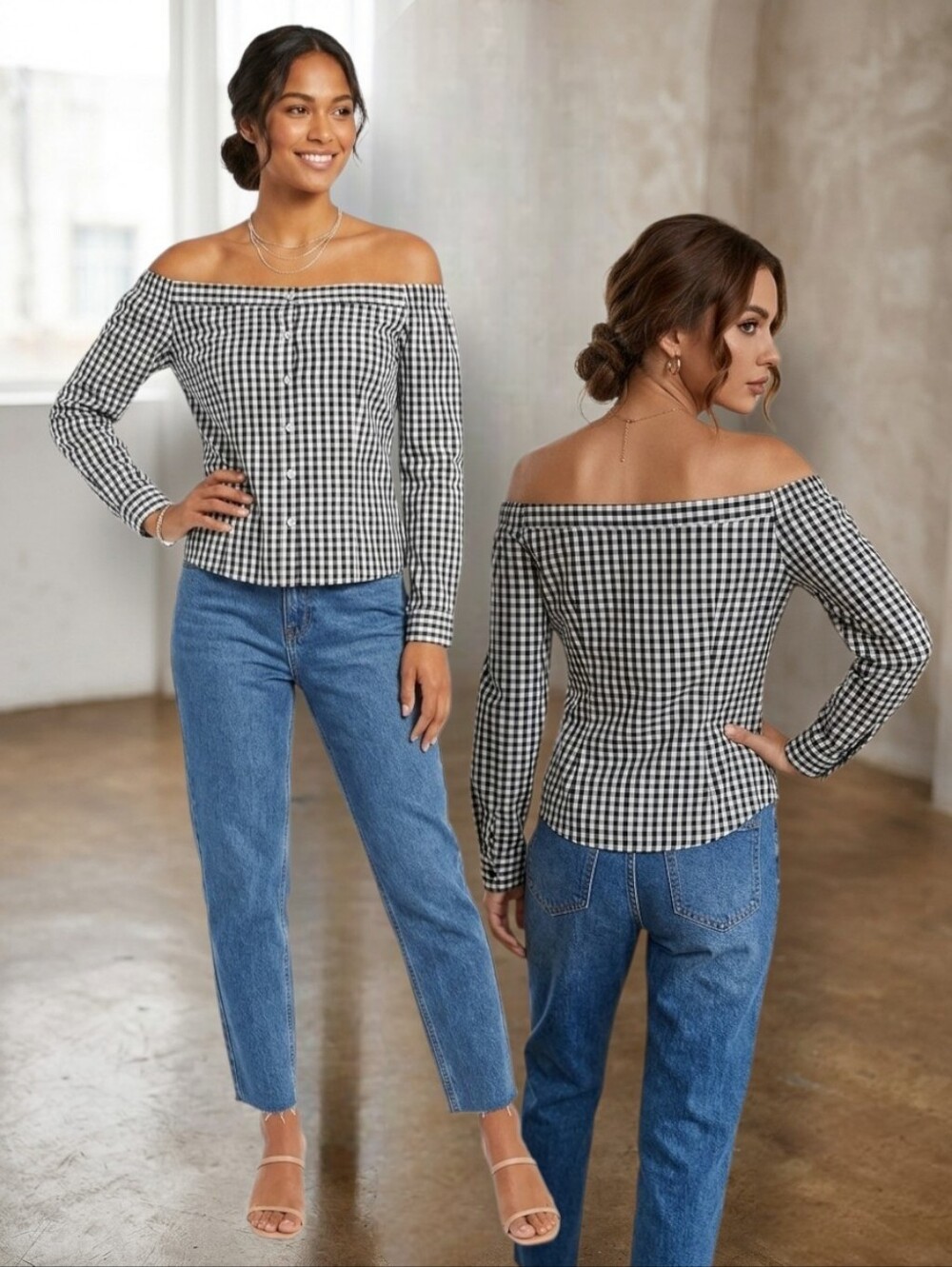 GUESS Women's White & Black Gingham Off-The-Shoulder Button-Down Blouse